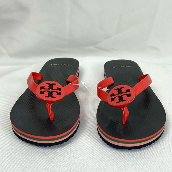 Tory Burch Minnie Flip Flops Sz 5 Logo Red Grenadine Thongs New Flat Sandals - Picture 3 of 8